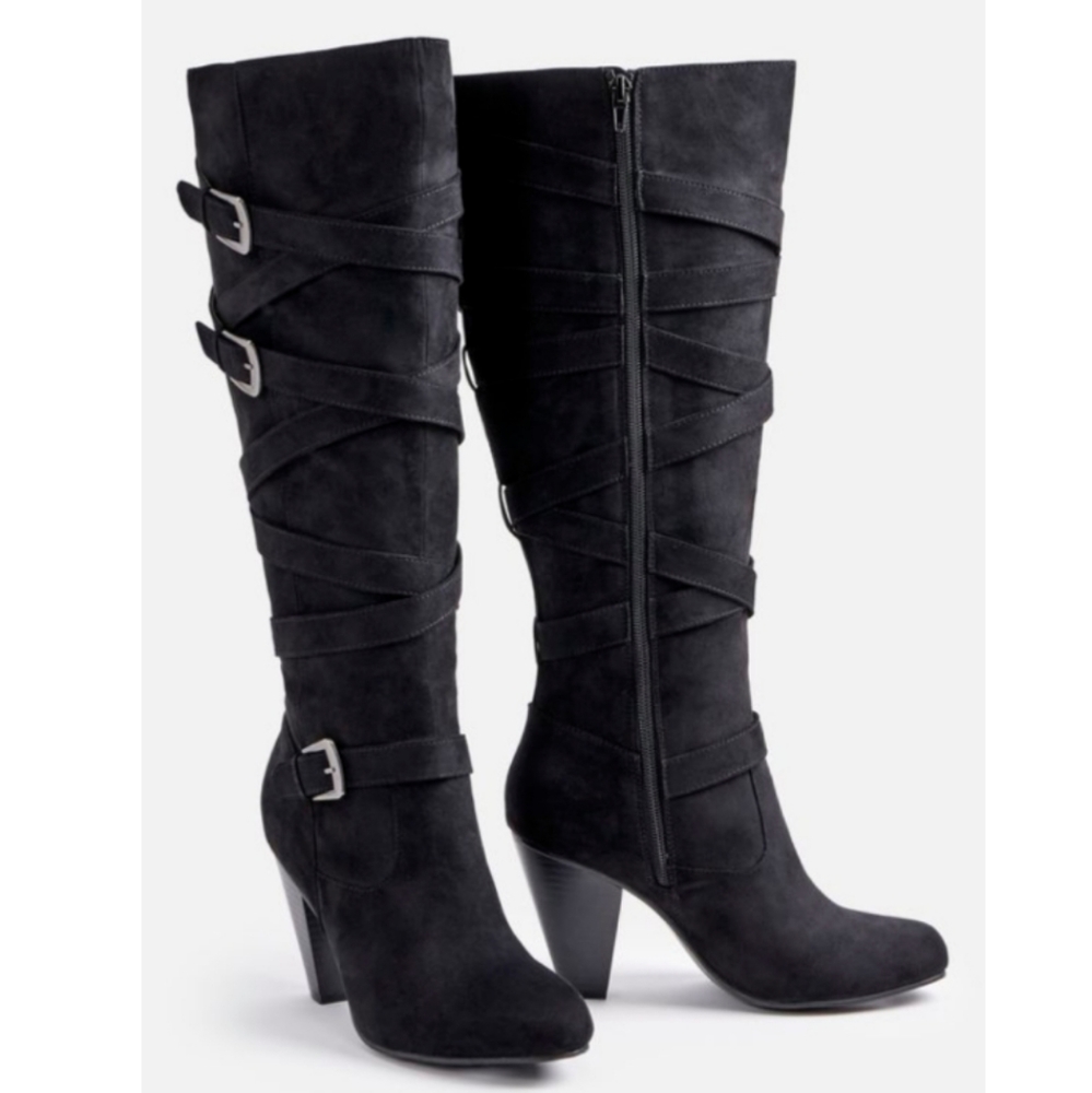 JustFab Black Suede Maisy Widecalf Heeled Boots